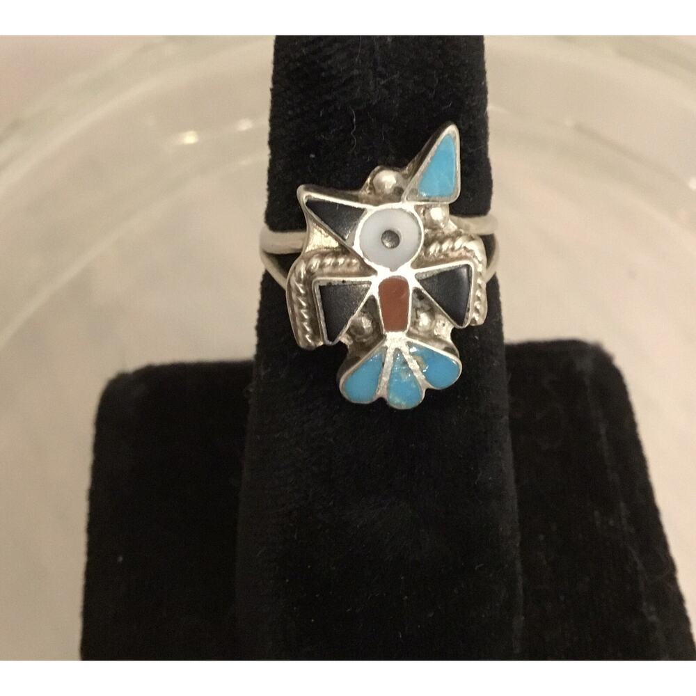 VINTAGE ZUNI THUNDERBIRD INLAY TURQUOISE/ONYX/ CORAL/MOP STERLING RING